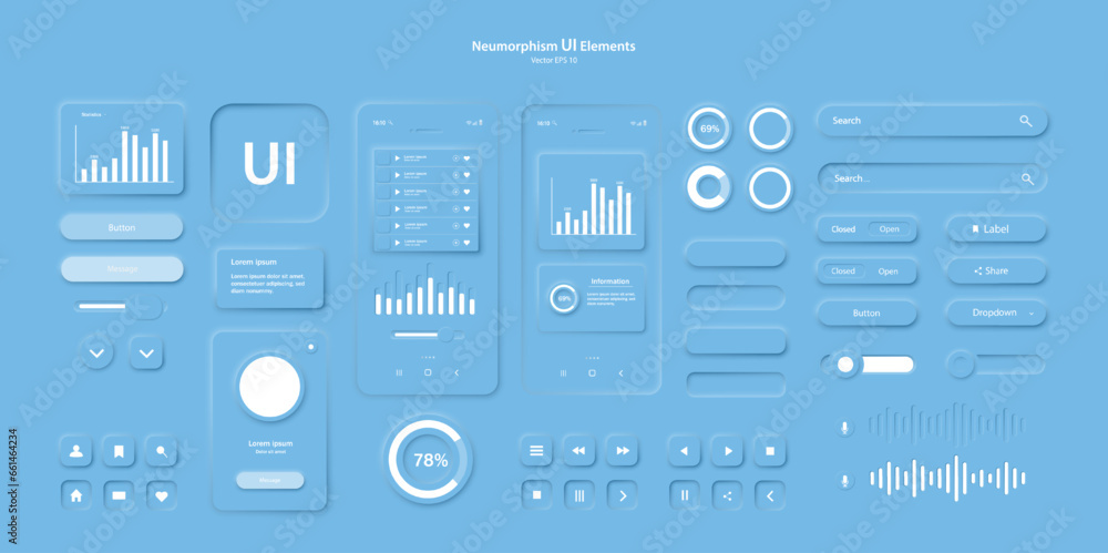 Poster the user interface elements for the mobile app are blue. user interface icons for the internet, soci