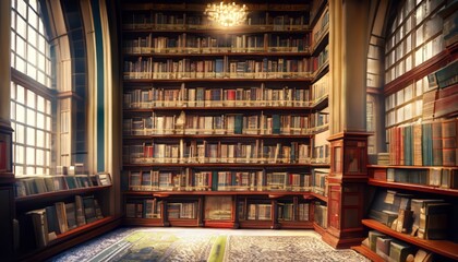 Old library or bookshop with many books on shelves