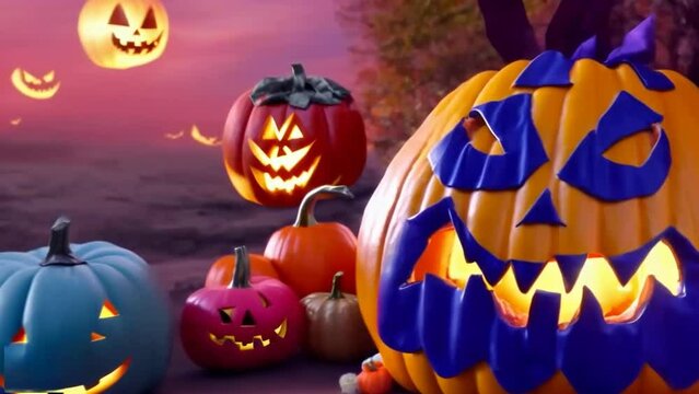 Slow zoom effect on glowing, decorated, painted pumpkins with sinister monster smiles in the background, a Halloween illustrated animated spooky short movie.