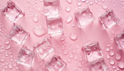 Top view ice cubes on light pink backdrop with drops - obrazy, fototapety, plakaty