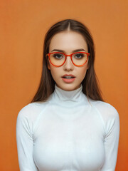pretty woman wearing glasses looking at viewer. orange studio background