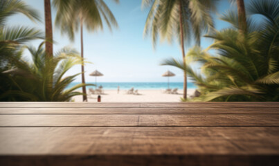 Wooden table top for product placement in front of beautiful tropical beach.