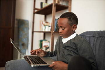 Homeschooling concept. Side view of concentrated african american schoolboy in cardigan and white shirt using laptop, entering right variant passing test online sitting on cozy sofa in his room - Powered by Adobe