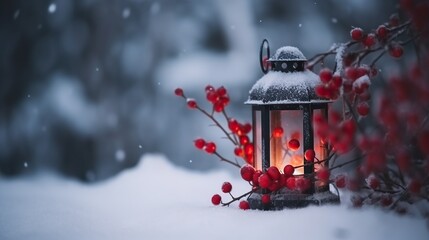 Christmas lantern on snow with holy berries.