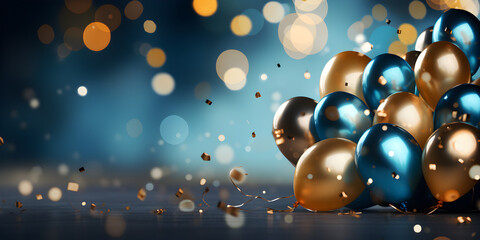 Fototapeta na wymiar Golden and Blue Confetti Delight, Festive Balloons and Bokeh Lights
