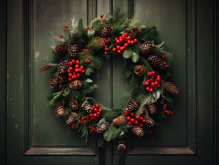 Fototapeta na wymiar Christmas wreath hanging on the green door. Cones, spruce branches and oculus berries. Holiday atmosphere