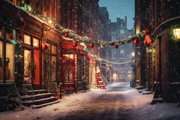 Photo of a city street in Europe on Christmas Eve in red and green colors. Christmas decorations and snowfall