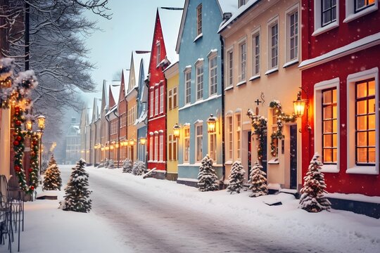 Photo of a city street in Europe on Christmas Eve in pastel colors. Christmas decorations