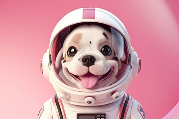 Petfluencers - Our Loyal Friend Sets Off as an Astronaut into Outer Space on Pink Background - obrazy, fototapety, plakaty