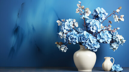 Blooming blue hydrangea and a beautiful ceramic vase. Still life with flowers. Vintage. Generative AI