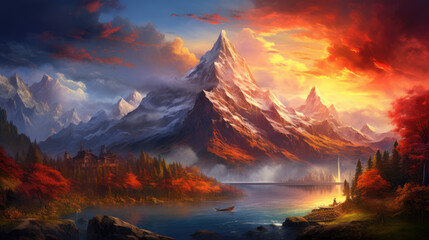 Majestic Mountain Sunset Landscape Illustration 