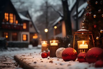 Snowy night in a quaint Christmas village with candlelit streets. Created with Generative AI