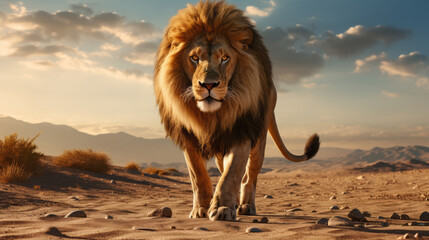 Big male African lion walking.