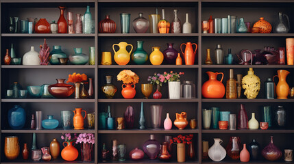 A shelf filled with lots of different colored vases - obrazy, fototapety, plakaty