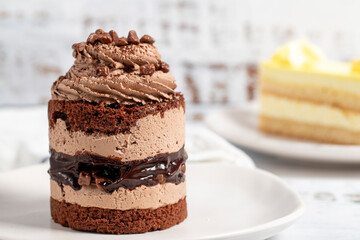 Types of cakes. Cakes with fresh cream on a plate. Close up