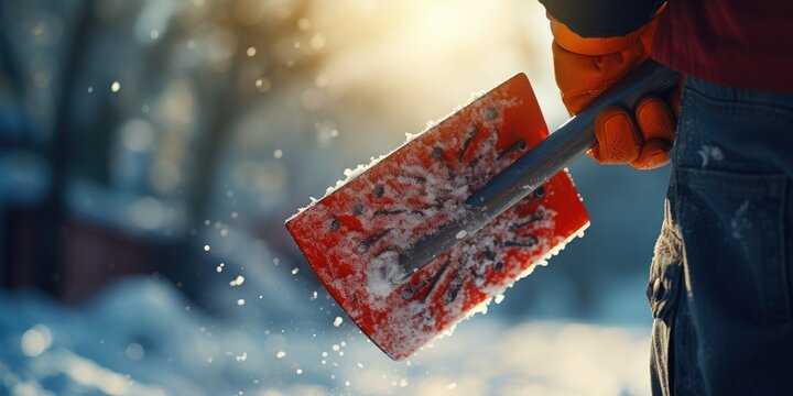 close-up photo of a gloved hand gripping a snow shovel