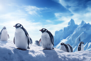 group of cute penguins in winter - obrazy, fototapety, plakaty