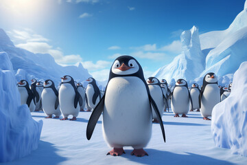 group of cute penguins in winter