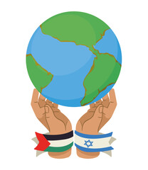 palestine and israel flags in hands with world