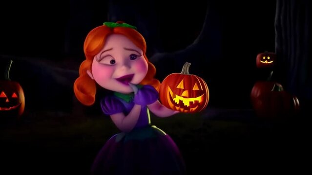 A dark figure of a girl holding a glowing pumpkin in a dark forest, a Halloween illustrated, animated spooky short film.