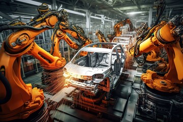 Image displays a sophisticated automotive assembly line.