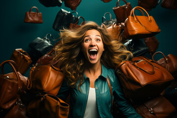 Woman catching falling designer handbags. - obrazy, fototapety, plakaty