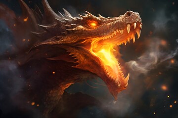 Head of a fire spitting dragon with a dark background - obrazy, fototapety, plakaty