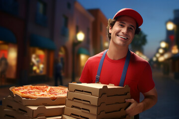 pizza delivery adult man with picking up pizza boxes at outdoors