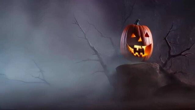 A giant glowing pumpkin on a tree trunk, fallen branches and fog, a Halloween illustrated, animated spooky short film.