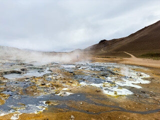 Panoramic view of geothermal active zone cin Iceland near Myvatn lake. Geothermal area in Iceland.