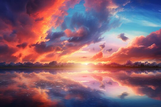 Vibrant sunset with pink and blue sky, clouds, and distant sun. Generative AI