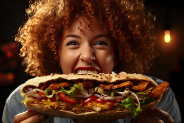 Woman Enjoying a Large, Loaded Sandwich