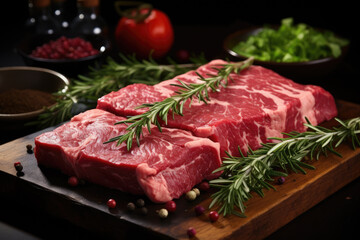 raw beef steak with herbs on the table 