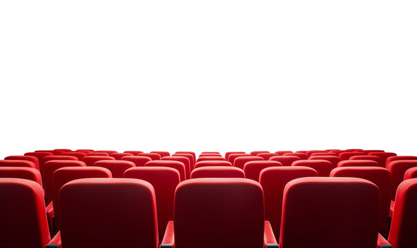 Rows of red cinema or theatre seats against a plain background