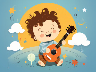 A Cartoon Of A Boy Playing A Guitar