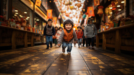 Little boy running in the street at Christmas market, Japan. - obrazy, fototapety, plakaty