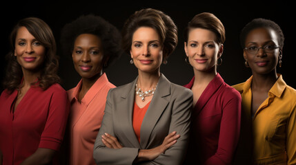 Group of mid adult businesswomen posing in front of a black background. Women power.