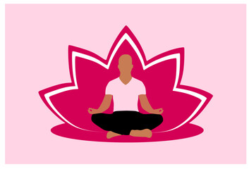 Man meditating and exercising yoga lotus position body silhouette. Let's meditate. Healthy lifestyle, peace, wellbeing, relaxation, health, yoga, lotus, meditation. Vector illustrations.