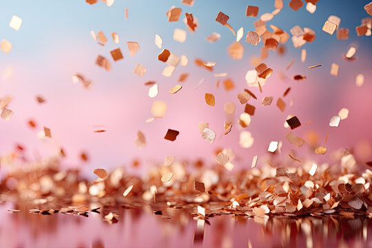 Pink gold confetti flying in pink glitter festive background
