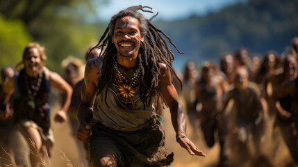 Group of running melanesian pacific islanders in the jungle.