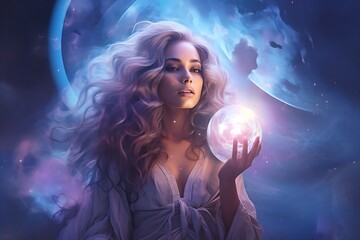 Woman in the galaxy with a mysterious orb in her hand