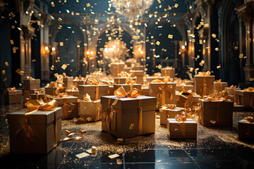 Fototapeta na wymiar Gold gift box and many confetti 