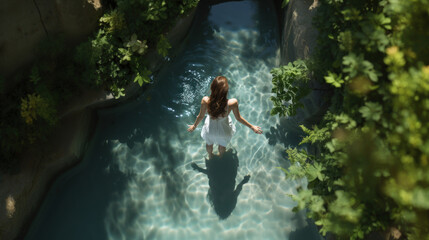 Young woman in a white dress in a swimming pool. View from above.