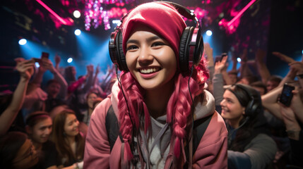 Portrait of a young asian woman with pink hair and headphones listening to music in nightclub....