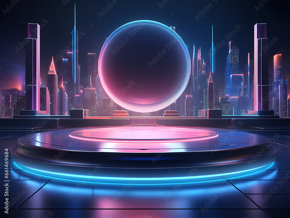 Poster a round object with a city in the background