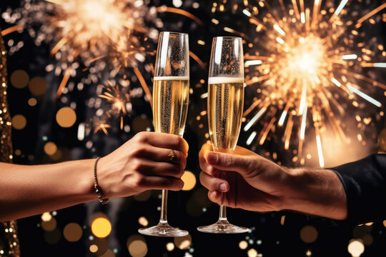 Champagne glasses in male and female hands with firework at New Year holiday