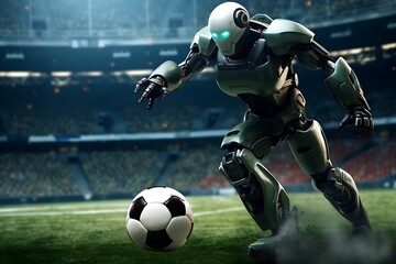 A robot playing soccer in a stadium