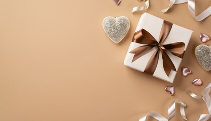 Top view of Valentine's Day silver hearts, white giftbox with brown ribbon on beige background with copy space