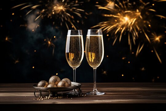 Gläser Champagner an Silvester, Feier mit goldenem Funkeln und Feuerwerk – Generative KI