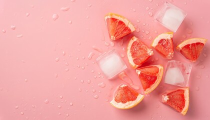 Top view of half slices grapefruit, ice cubes and water drops on pink background with copy space